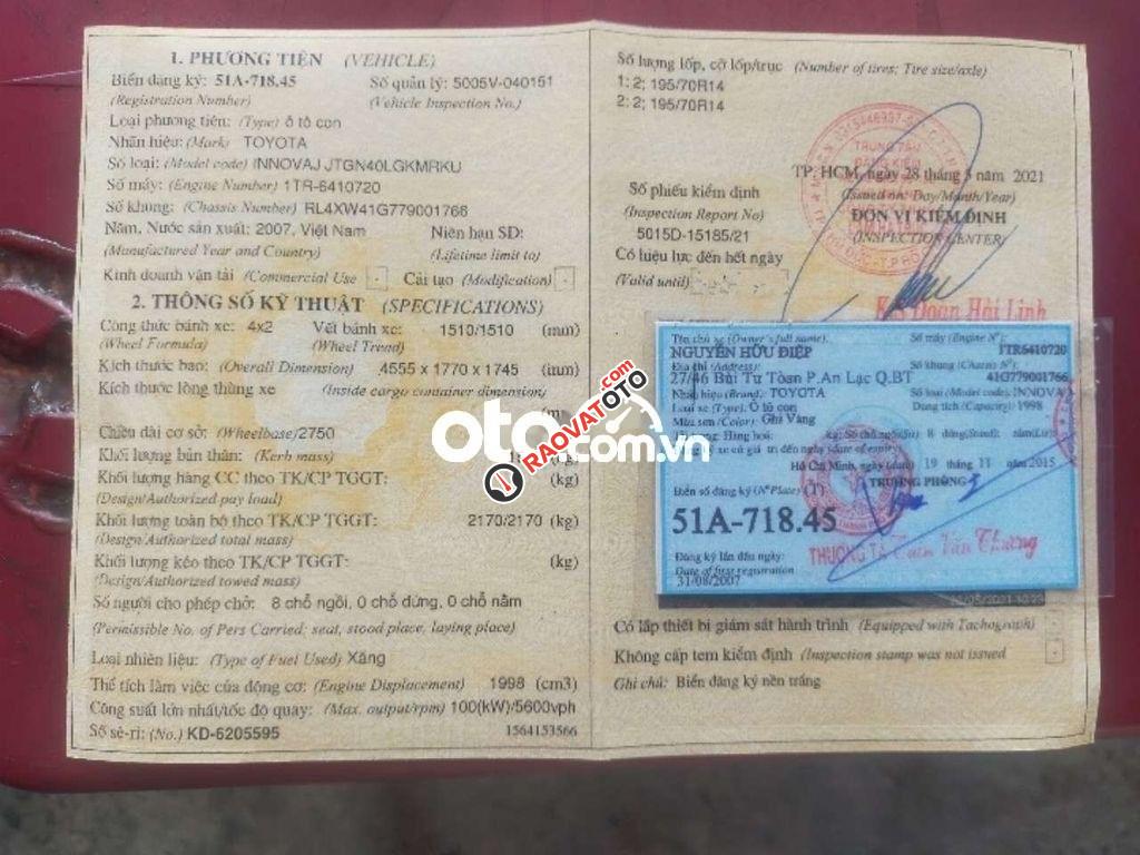 Bán Toyota Innova 2.0G năm 2007, màu vàng đồng, xe gia đình sử dụng, full lịch sử bảo dưỡng-0