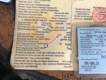Cần bán gấp Thaco TOWNER 750 năm 2011, màu xanh lam đẹp như mới, 63tr